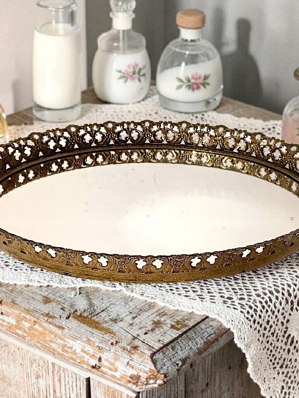 Vintage Ormolu Vanity Tray Gold Tone Filigree Hollywood Regency Mirror Oval MCM